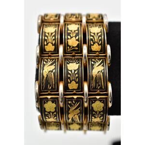 Vintage Damascene Panel Bracelet Floral Spanish Chunky Heavy Black Gold 40s Bin4